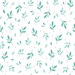 Green branch and leaves seamless pattern. Design for fabric, textile, wrapping paper. Hand drawn vector illustration