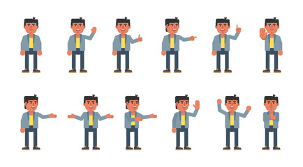 Set of businessman characters showing various hand gestures. Cheerful man showing thumb up, greeting, victory sign and other gestures. Modern vector illustration