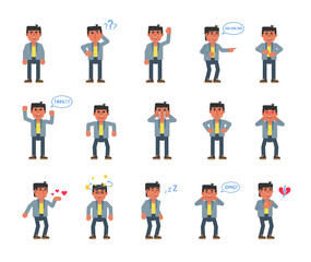 Set of businessman characters showing various emotions. Man laughing, sleeping, crying, angry, tired, in love and showing other expressions. Modern vector illustration