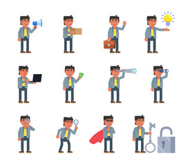 Fototapeta na wymiar Set of businessman characters in various situations. Man holding loudspeaker, package box, spyglass, magnifier, money and other actions. Modern vector illustration