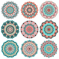  Luxurious Rose-turquoise collection of Mandalas. Lace decorative ornament for printing.