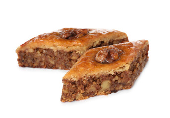 Delicious honey baklava with walnuts on white background