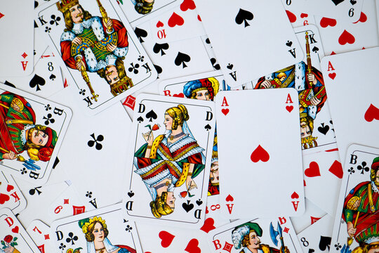 Background or wallpaper deck of cards. Ace of hearts and queen of spades on top
