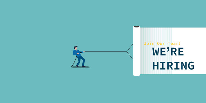 Businessman pulling white curtain with the text we are hiring. Business recruiting design concept