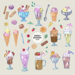 Hand drawn sweet dessert colorful sketch set with ice cream, cocktail, milk shake, chocolate, coffee drink