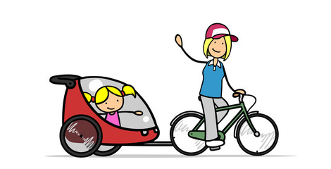 Mutter fährt Fahrrad mit Kind im Fahrradanhänger