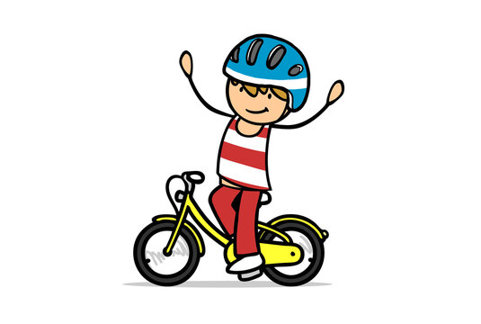 Kind beim freihändig Fahrrad fahren auf Kinderfahrrad