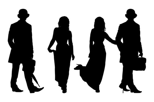 People silhouettes set isolated on white background. Woman with long dress and men with tails, hat and cane. Couple in retro evening clothes. Husband in suit and wife in long gown. Vector illustration
