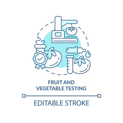 Fruit and vegetable testing turquoise concept icon. Lab test for food production abstract idea thin line illustration. Isolated outline drawing. Editable stroke. Arial, Myriad Pro-Bold fonts used