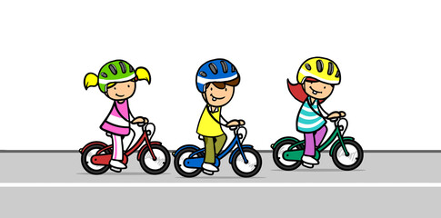 Drei Kinder fahren Fahrrad auf Radweg einer Straße
