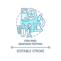 Fish and seafood testing turquoise concept icon. Expertise in food market abstract idea thin line illustration. Isolated outline drawing. Editable stroke. Arial, Myriad Pro-Bold fonts used