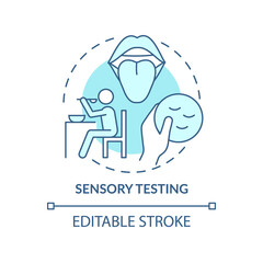 Sensory testing turquoise concept icon. Food samples evaluation abstract idea thin line illustration. Appearance test. Isolated outline drawing. Editable stroke. Arial, Myriad Pro-Bold fonts used