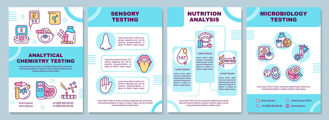 Food samples analysis turquoise brochure template. Sensory test. Leaflet design with linear icons. 4 vector layouts for presentation, annual reports. Arial-Black, Myriad Pro-Regular fonts used - obrazy, fototapety, plakaty