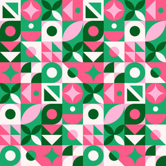 Abstract geometric seamless pattern. Neo geo style print, vector illustration. Simple repeating lines and shapes mosaic background. Pink, green and white colors. Endless design for textile