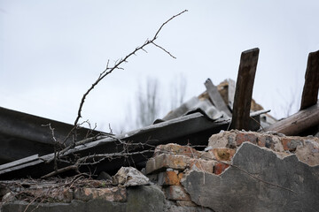 Closeup view of ruined house after strong earthquake
