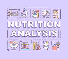 Nutrition analysis word concepts purple banner. Food safety tests. Infographics with icons on color background. Isolated typography. Vector illustration with text. Arial-Black font used