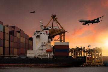 Cargo planes flying over container berths and berths. It is used for transportation and freight...
