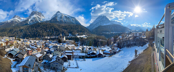 panoramic view of the town of Scuol in Switzerland in the most beautiful weather