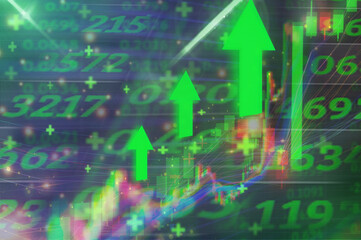 Green uptrend stock market,green bar and the line graph growth up, motivation, hope, and bull stock market after war crisis and pandemic. Background for the economy and data analysis.