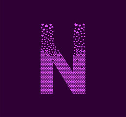 Heart letter N animated pixel dot logo. Capital letter pixel up. Hearts are filled with the letter N. Complementary and integrative pixel movement. Modern heart connect the dots.