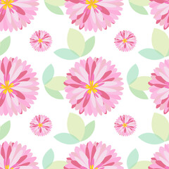 Pink dahlias with leaves on a white background, bright and colorful seamless pattern. Vector design for banners, souvenirs, textiles, wrapping paper, prints, decorations, packaging.