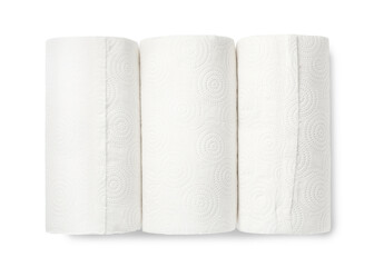 Three rolls of paper towels on white background, top view