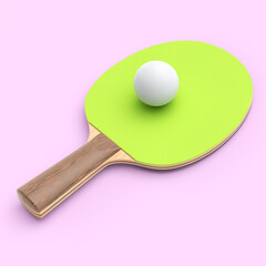 Green ping pong racket for table tennis with ball isolated on pink background