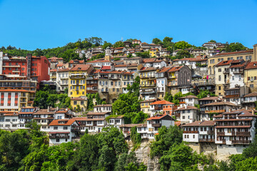 Fototapeta na wymiar Houses on the mountain city landscape - Veliko Tarnovo Bulgaria