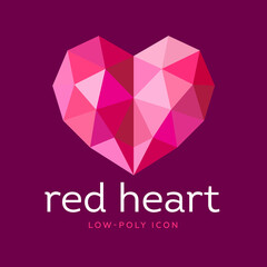 Low poly heart icon. Ruby gemstone. Faceted red crystal like heart on a dark background.  