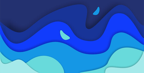 Bright navy bue paper cut design with 3d slime abstract background and blue waves layers