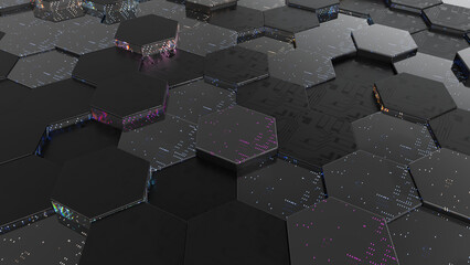 3d abstract technology black background.  Abstract concept data center technology. Artificial Intelligence. Personal data security, processing or protection. 3d render.