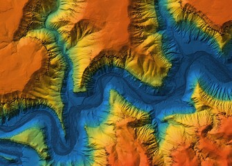 Digital elevation model of a deep stone canyon. A meandering and curving river below. GIS 3D product made after proccesing aerial data.