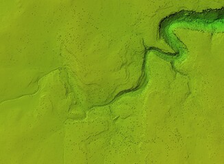 Digital elevation model of a deep stone canyon. A meandering and curving river below. GIS 3D...