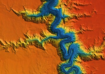 Digital elevation model of a deep stone canyon. A meandering and curving river below. GIS 3D...