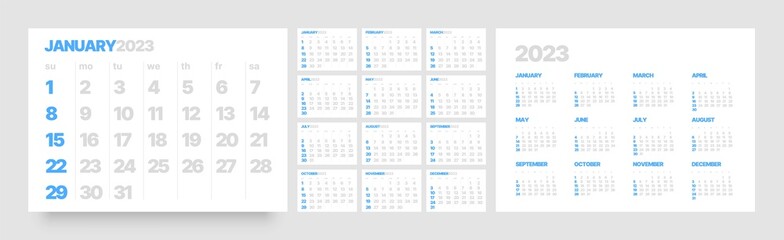Monthly calendar template for 2023 year. Wall calendar in a minimalist style. Week Starts on Sunday.