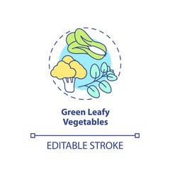 Green leafy vegetables concept icon. Best nutrition for bones health abstract idea thin line illustration. Bone density. Isolated outline drawing. Editable stroke. Arial, Myriad Pro-Bold fonts used