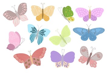 Fancy little colorful butterflies set in simple flat style vector illustration, symbol of Easter holidays, spring or summer, celebration decor, clipart for cards, banner, springtime decoration, cute i