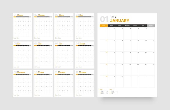 Wall or desk calendar template for 2023 with week start on Sunday. Diary planner template.