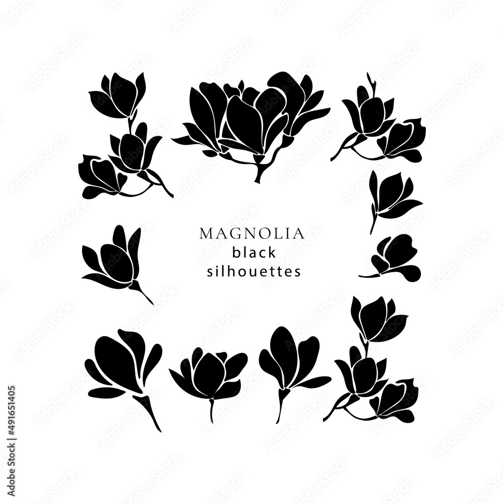 Wall mural Set with black silhouettes of blooming magnolia twigs.