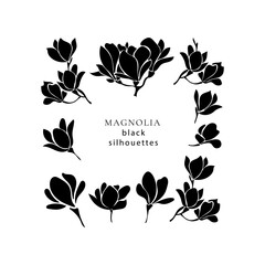 Set with black silhouettes of blooming magnolia twigs. - obrazy, fototapety, plakaty