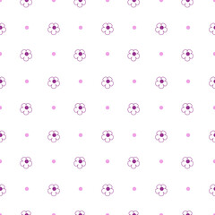Cute seamless pattern with lilac simple flowers and dots on white background.