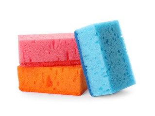 Bright cleaning sponges with abrasive scourers on white background