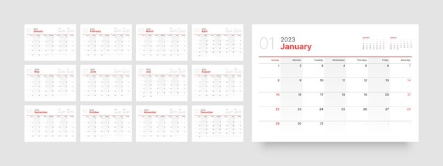 Monthly calendar template for 2023 year. Wall calendar in a minimalist style. Week Starts on Sunday. - obrazy, fototapety, plakaty
