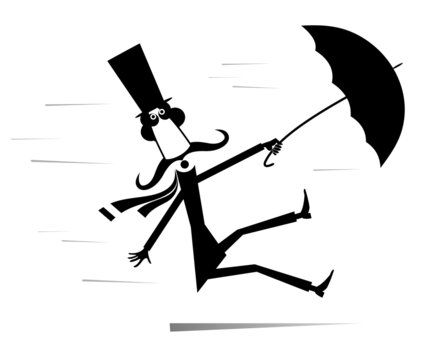 recommend clip art: Long mustache man stays on the strong wind illustration. Strong wind and a long mustache man in the top hat with umbrella black on white background