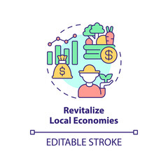 Revitalize local economies concept icon. Shift to regenerative culture abstract idea thin line illustration. Isolated outline drawing. Editable stroke. Arial, Myriad Pro-Bold fonts used