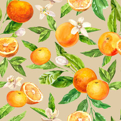 Watercolor hand painted citrus orange, grape fruits, flowers and branches.  Watercolor hand drawn seamless pattern, wallpaper, wrapping paper, aromatherapy, essential oils