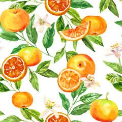Watercolor hand painted citrus orange, grape fruits, flowers and branches.  Watercolor hand drawn seamless pattern, wallpaper, wrapping paper, aromatherapy, essential oils