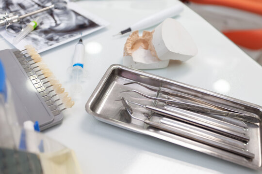Dentist's workplace. Professional dental instrument on the table