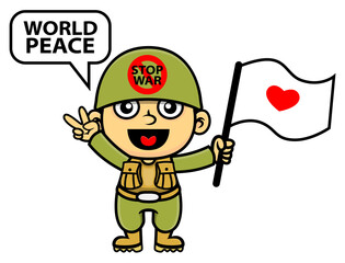 Cartoon illustration of funny little Soldier making peace gesture with finger while waving the white flag with heart symbol and saying world peace, best for mascot and logo with war themes
