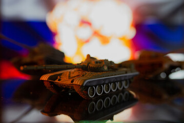 Tank on the background of the flag of Russia. The concept of Russian aggression in Ukraine